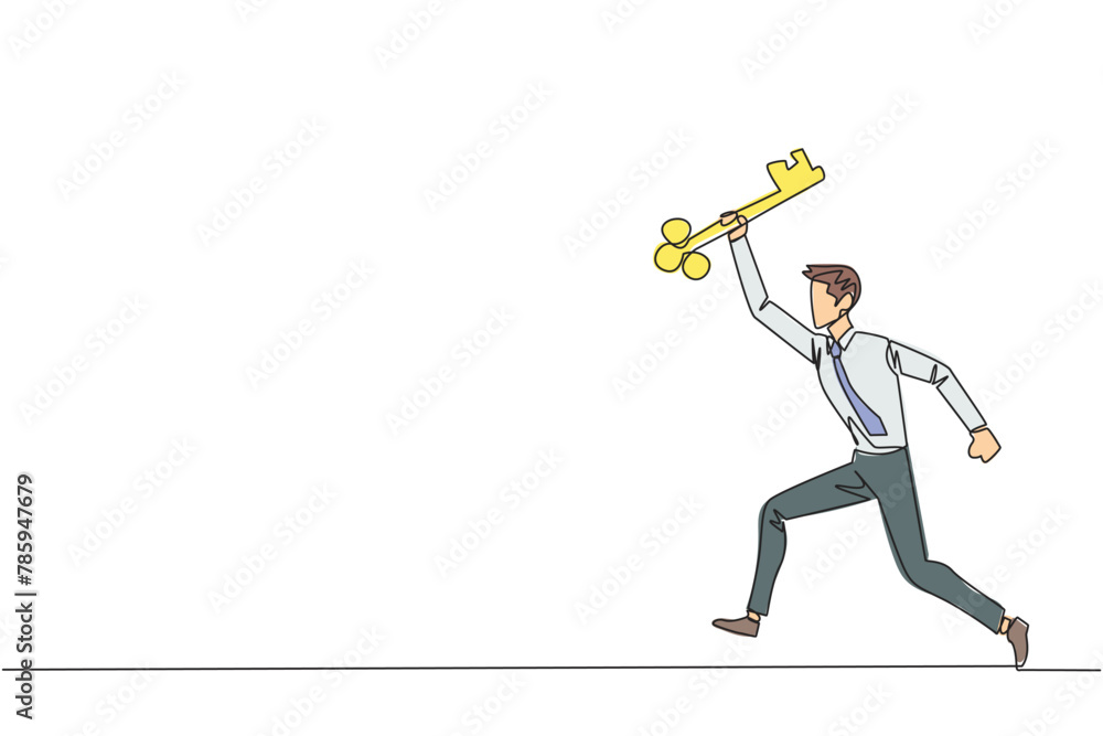 Poster continuous one line drawing businessman running holding key. doing celebrate. perform movements like