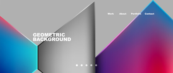 The geometric background features rectangles, triangles, and a gradient of violet, electric blue, and magenta colors. It resembles a modern facade with a wood table and ceiling accents