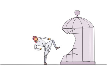 Continuous one line drawing Arabian businessman destroy cage with the kick. Metaphors remove the comfort zone trap. A genius entrepreneur for the company. Single line draw design vector illustration