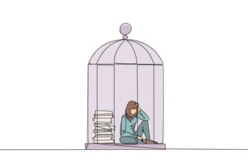 Continuous one line drawing businesswoman trapped in cage sitting down frustrated. Stress with piling up unfinished work until close to deadline. Exhausted. Single line draw design vector illustration