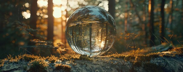 Crystal ball in forest reflecting sunlight. copy space for text.