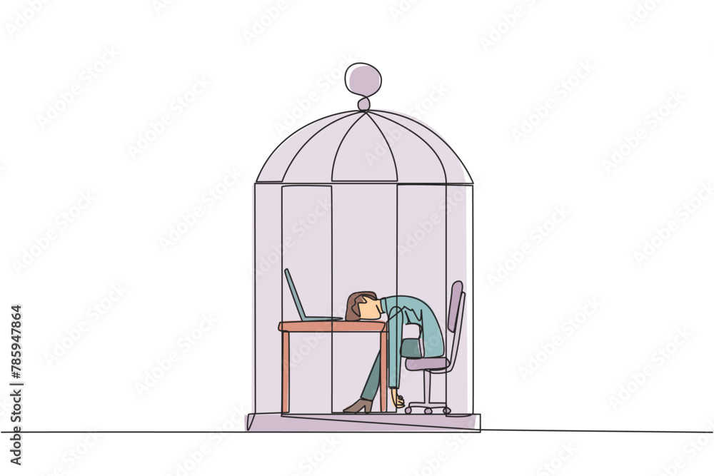 Poster continuous one line drawing businesswoman trapped in cage asleep on laptop. tired of repetitive rout