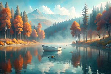 autumn landscape with lake and boat