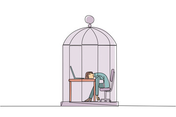 Continuous one line drawing businesswoman trapped in cage asleep on laptop. Tired of repetitive routines. The many deadlines require overtime every day. Single line draw design vector illustration