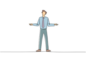 Continuous one line drawing businessman standing straight with open arms. Lonely and sadness businessman lamenting undeveloped business. Unhappy manager. Single line draw design vector illustration