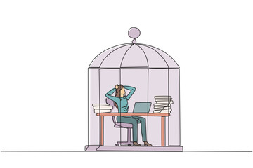 Single one line drawing businesswoman trapped in cage sitting on office chair holding head. Being in routine trap. Tired and irritated with the daily grind. Continuous line design graphic illustration
