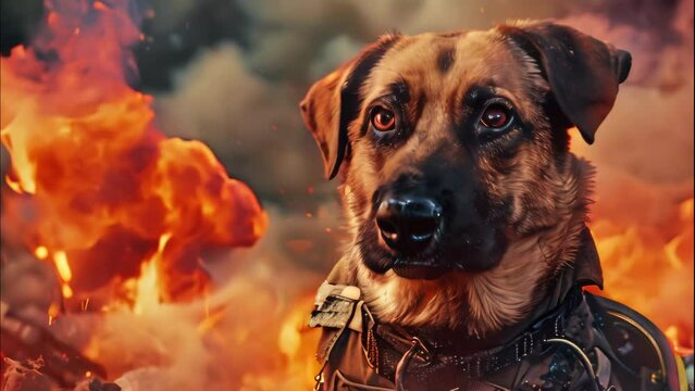 hero firefighter dog with fire background