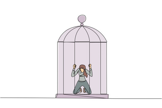 recommend clip art: Single continuous line drawing businesswoman trapped in cage kneeling holding iron bars. Framed by business partner. Have to bear all the consequences. Unfair. One line design vector illustration