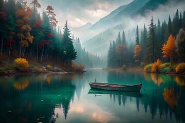 lake in the mountains. autumn landscape with lake and boat