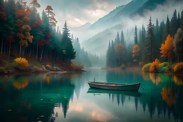 Foto auf Glas lake in the mountains. autumn landscape with lake and boat © anastasiya