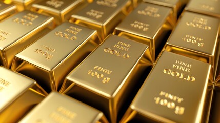 A pile of gold bars with the words FINE GOLD engraved on them, arranged neatly in rows and columns.