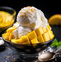 Tropical Paradise, vanilla gelato ice cream with mango and coconut flakes, cinematic food photography 