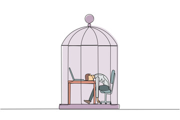Single continuous line drawing businessman trapped in cage asleep on laptop computer. Tired of repetitive routines. The many deadlines require overtime every day. One line design vector illustration