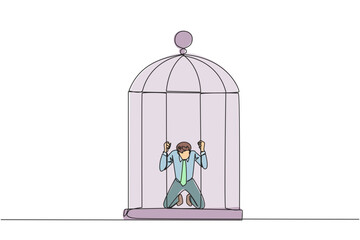 Continuous one line drawing businessman trapped in cage kneeling holding iron bars. Framed by business partner. Have to bear all the consequences. Unfair. Single line draw design vector illustration