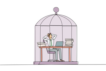 Single one line drawing businessman trapped in cage sitting on office chair holding head. Being in a routine trap. Tired and irritated with the daily grind. Continuous line design graphic illustration