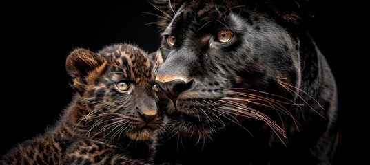 Male panther and cub portrait with ample space for text, object on right side for balance