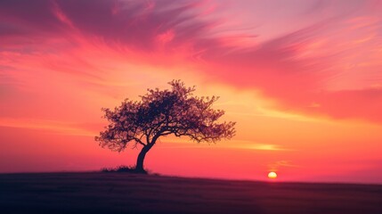 A single, windswept tree silhouetted against a vibrant orange and pink sunset. Minimalist composition with clean lines and negative space.