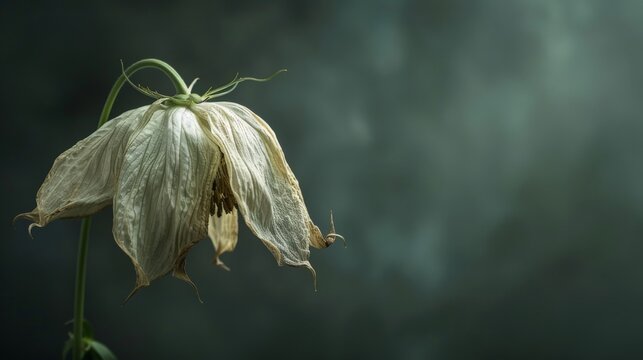 A single, wilting flower with its petals drooping downwards. Capture the fleeting beauty and impermanence of nature.
