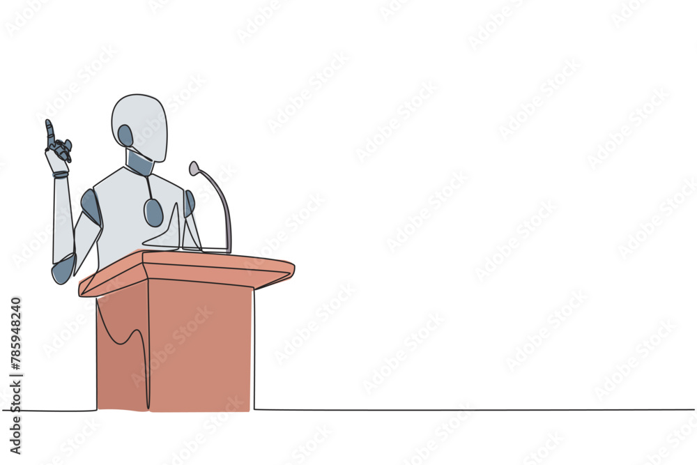 Poster continuous one line drawing smart robotic speaking at the podium while giving gesture of lifting one
