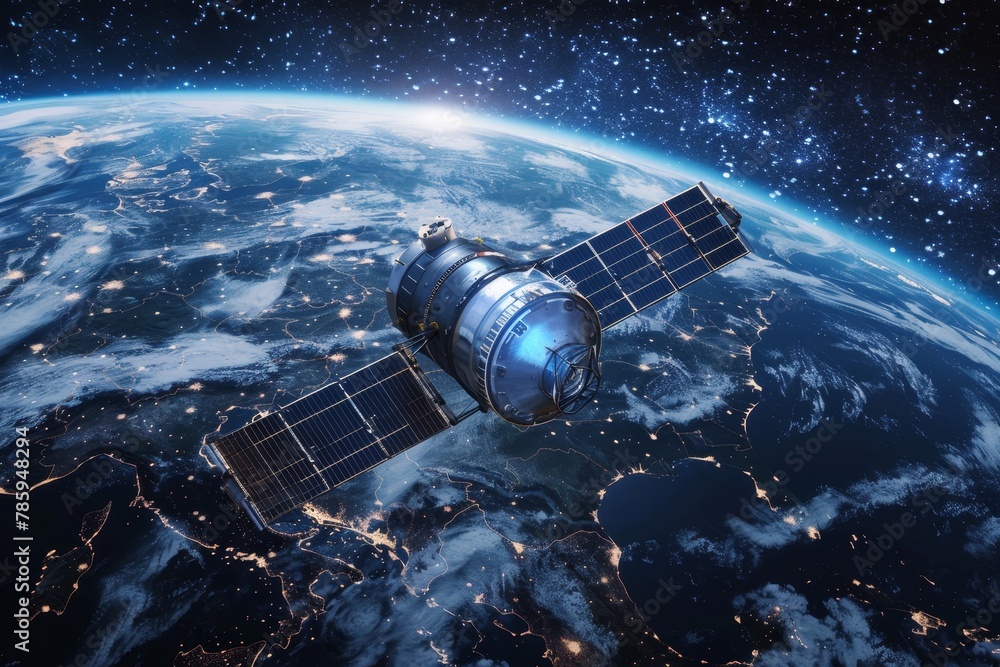 Poster advanced telecom satellite with holographic data for global internet connectivity orbiting earth