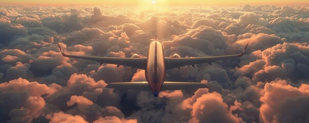 Airplane soaring above the clouds during sunset.