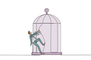 Single continuous line drawing businessman pull the iron bars until dented. Describes anger. Businessman expressing disappointment. Unhappy feeling. Exasperated. One line design vector illustration - obrazy, fototapety, plakaty