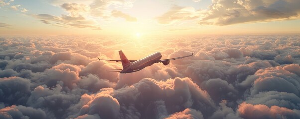 Airplane soaring above the clouds during sunset. - obrazy, fototapety, plakaty
