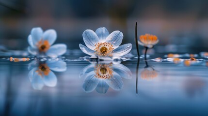 A single bloom reflected in a still pool of water. Capture the perfect symmetry and mirror image.