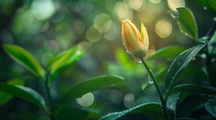 A single, closed flower bud bathed in soft morning light. Dewdrop hangs from the tip, with a blurred background of green leaves.
