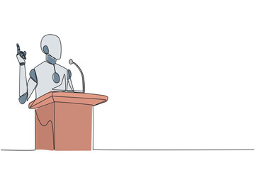Continuous one line drawing smart robotic speaking at the podium while giving gesture of lifting one finger up. Inspirational speech. Conference stage. Single line draw design vector illustration