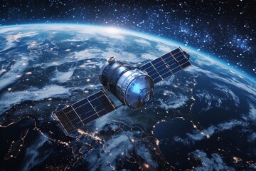Advanced telecom satellite with holographic data for global internet connectivity orbiting earth