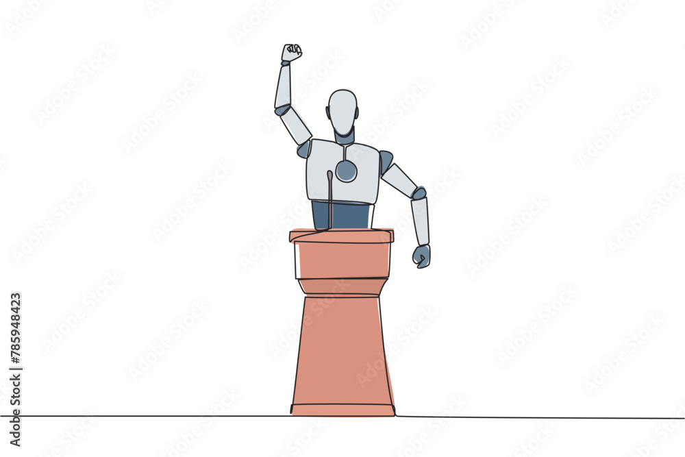 Poster continuous one line drawing robotic speak at the podium by clenching fists at head height. doing ora