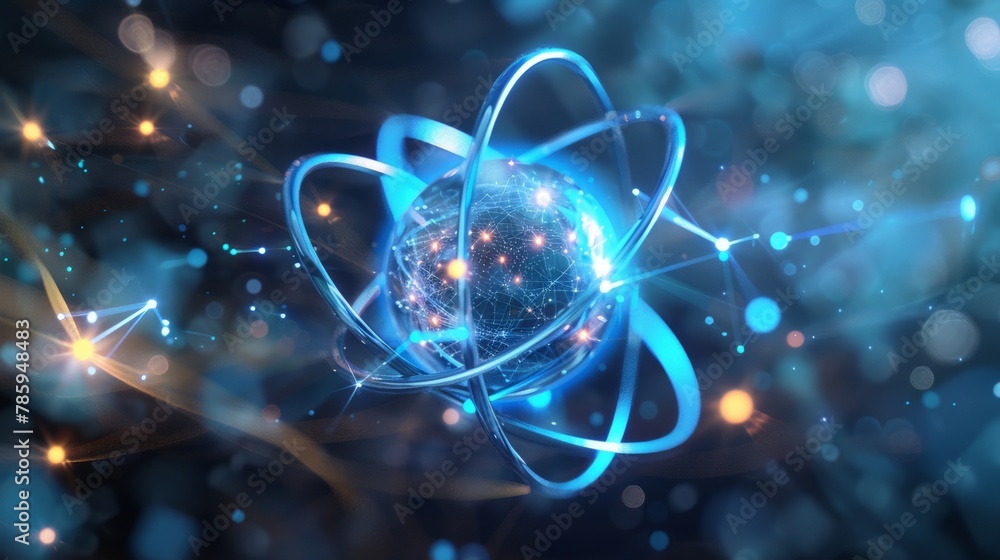 Poster a single, stylized atom with orbiting electrons, bathed in a soft blue glow, representing the buildi