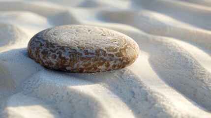 A single, perfectly smooth river rock resting on a bed of soft, white sand
