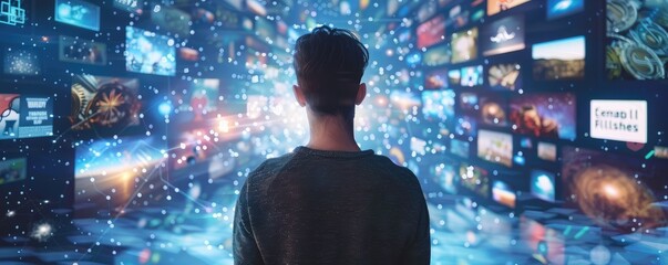 A person stands in awe as he is engulfed by a multitude of illuminated media screens displaying diverse content