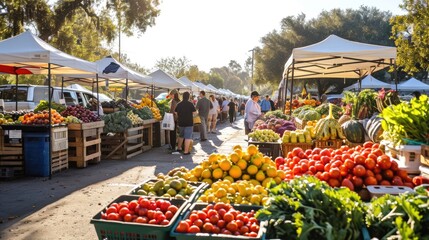 An early morning farmers market scene, bustling with vendors and customers, fresh produce on display, capturing the essence of local commerce and community. Resplendent. - obrazy, fototapety, plakaty