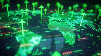 Fototapeta premium A world map with green arrows radiating outwards from a central financial hub, depicting global economic growth and interconnected markets. 