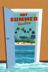 Poster Hot Summer Vacation. open door entrance to tropical island ocean