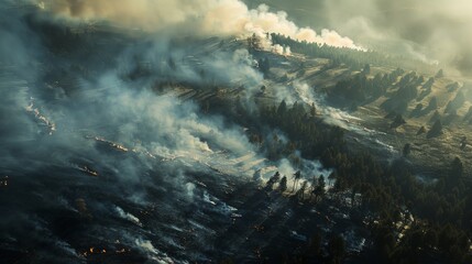 An aerial view of a forest fire raging across a mountain landscape. Smoke billows into the sky, casting long shadows. - obrazy, fototapety, plakaty