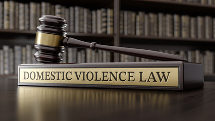 Domestic violence law: Judge's Gavel as a symbol of legal system and wooden stand with text word on the background of books - obrazy, fototapety, plakaty