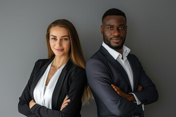 Business partners posing in front of gray background, looking at camera and smiling