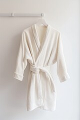 A plush white bathrobe with textured pattern hung neatly on a wall hanger, presenting a concept of spa, relaxation, and cleanliness