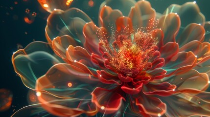 A time-lapse of a flower blooming, its petals unfurling to reveal the intricate atomic processes of growth.3D rendering. 