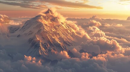 A towering mountain peak piercing through a layer of clouds. The peak is bathed in golden light, with the clouds below a soft grey.  - obrazy, fototapety, plakaty