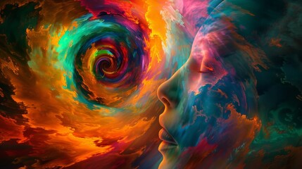 A vibrant kaleidoscope of colors swirling within a human head, representing the complexity of human thought and emotions. - obrazy, fototapety, plakaty