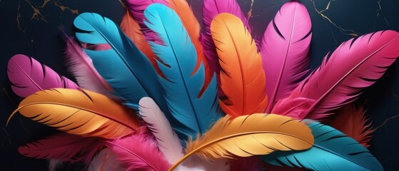 colorful feathers on swirling marble background