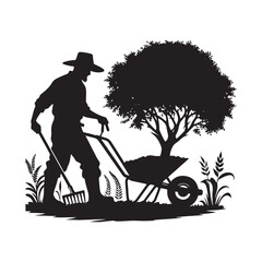 Field Mastery: Black Vector Silhouette of a Farmer Working, Symbol of Agricultural Dedication- Farmer Working Vector Stock.