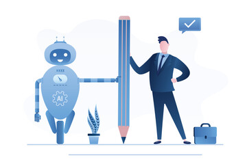 Businessman working with pencil with AI robot. Artificial Intelligence work with human, robot or automation to help success, robot to replace human employment - obrazy, fototapety, plakaty