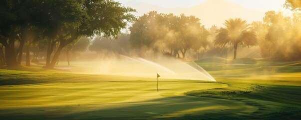 Naklejka premium dawn light bathes a golf course, casting long shadows and illuminating the morning mist. banner