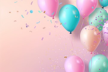 Colorful balloons and confetti on a pastel background. Birthday party. Event. Festive atmosphere. Holiday. Celebration banner template. A copy space area. Anniversary